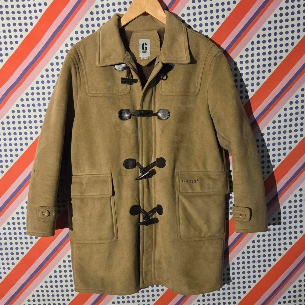 Vintage Guess Jeans 90s Suede Sherpa Lined Duffle Coat Tan Toggle Korea Mens